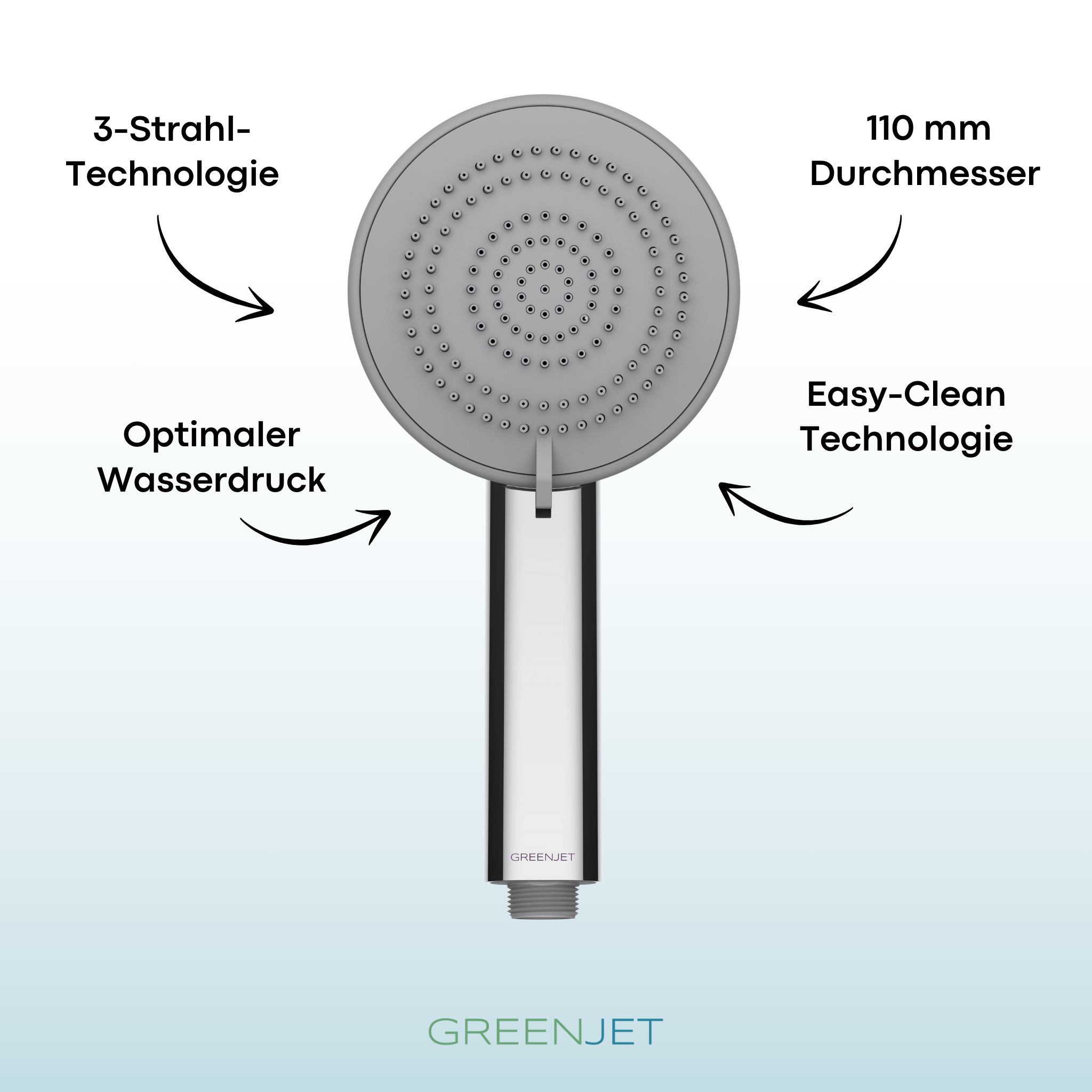 Die GREENJET Handbrause mit 110mm Durchmesser bietet drei Strahlarten für individuellen Duschkomfort. Ausgestattet mit dem Easy-Clean System für mühelose Reinigung – das perfekte Accessoire für ein luxuriöses Duscherlebnis!