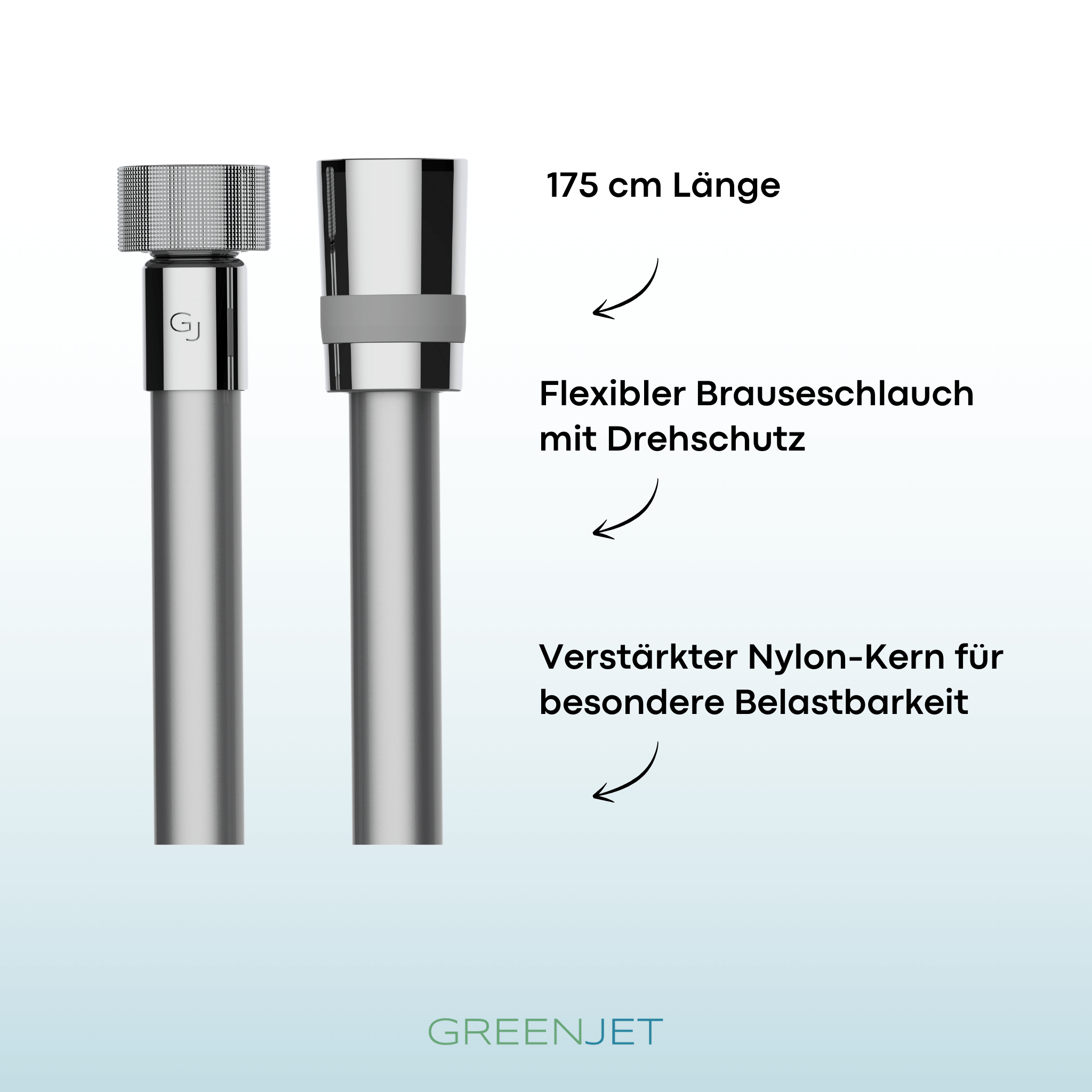 Der GREENJET Brauseschlauch in Chrom überzeugt mit einem robusten Nylon-Kern und einem praktischen Drehkonus für maximale Flexibilität. Perfekt für jede Dusche.